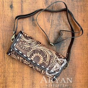 Real Hand Tooled Leather Women Purse Wholesale Genuine Leather Buck <b>Stich</b> Crossbody Wallet Western Boho Floral Cowhide Wallets - Product Image 1