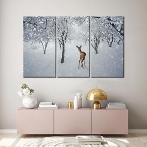 Impresión en lienzo de ciervo elegante - Decoración de pared con paisaje invernal para el hogar, 3P: Gallery Wrapped - Product Image 1