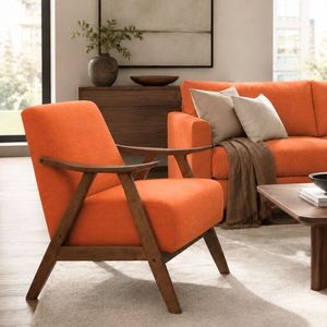 Sillón Moderno Escandinavo de Tela Naranja con Estructura de Madera de Nogal, Sillón Tapizado, Asiento Decorativo para Sala de Estar y Hogar - Product Image 4