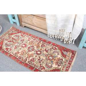 Vintage Turkish Small Rug 1.4x3.2 ft, <b>Red</b> <b>Wool</b> Rug - Product Image 3