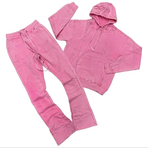 Custom Embroidery Unisex Purple Tracksuit Set Hooded Sweatshirt Flare Sweatpants 100% Cotton Solid Color Casual Winter - Product Image 6