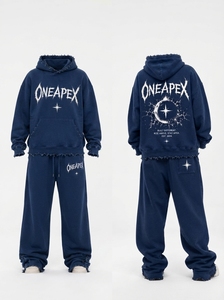 Custom <b>Navy</b> <b>Blue</b> Washed Distressed Hoodie Sweatpants Set Oversized Fleece Tracksuit Streetwear Two Piece <b>Jogger</b> Set - Product Image 4