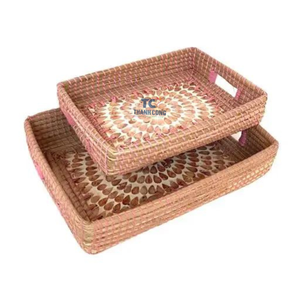 Nouveauté rotin nacre incrustation plateau plateau de service décoratif Rectangle rotin pour affichage de fruits alimentaires jonc de mer avec vadrouille - Product Image 2