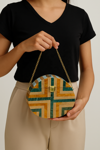 Pochette de soirée de luxe en bois et résine, faite à la main, durable, écologique, avec incrustation géométrique, sac à bandoulière avec chaîne, logo personnalisé, en coton - Product Image 5