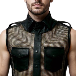 Harnais pour homme en cuir et maille à col, rouge et noir, harnais de clubwear fétiche - Product Image 1