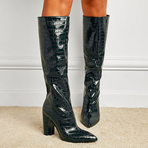Bottines en cuir verni solide à fermeture éclair, hauteur genou, à bout pointu et talon épais - Product Image 3