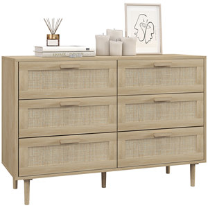 HOMCOM Commode à 6 tiroirs en bois et rotin de style Boho pour salon et chambre à coucher, 110x40x75 cm - Product Image 1
