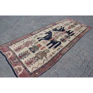 พรมตุรกีขนาด 4x10.7 ฟุต, พรมเฮอร์กีวินเทจ, พรมขนสัตว์ลายพิมพ์สัตว์สีแดง - Product Image 3