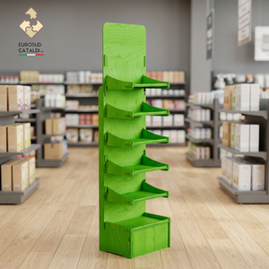 Espositore verde con lati sottili e ripiani galleggianti. Legno di betulla al sistema di interblocco e completamente personalizzabile con logo - Product Image 3
