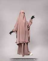 Robe longue modeste et simple pour femmes musulmanes, deux pièces, avec volants, en tissu de laine pêche, manches élastiques, style jilbab, par Fashion Traders
