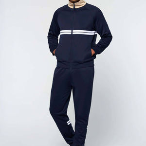 Ensemble de survêtement bleu marine pour homme, sweat-shirt à col rond avec bande blanche et pantalon assorti, polyester, décontracté, athlétique, tenue deux pièces - Product Image 2