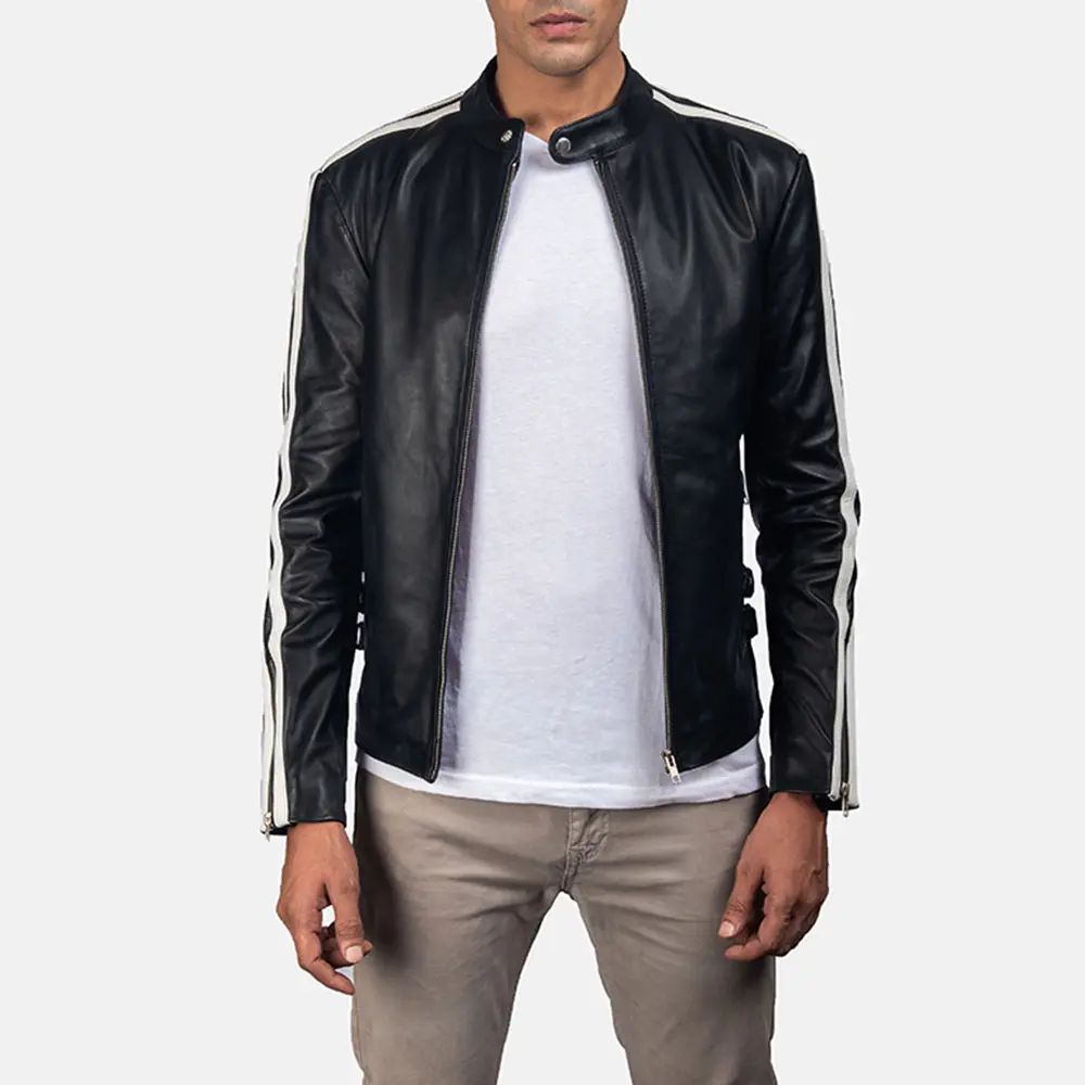 ハンクの黒と白のマンズバイカーレザージャケット、腕にファッションジップスタイルの襟はスナップボタン付きのバンドです