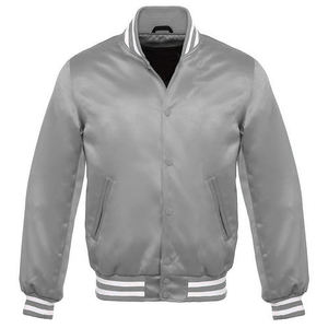 Chaqueta Bomber Clásica de Satén para Hombre, Colección Plateada, Naranja y Blanca, Ribete a Rayas, Botones a Presión, Estilo Deportivo Letterman - Product Image 1