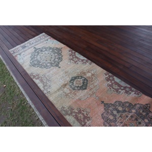 Vintage Rug, 2.6x9.9 ft <b>Runner</b> Turkish Rug, Blue <b>Red</b> Check Rug - Product Image 3