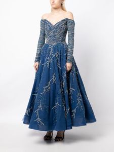 Vestido de noche Maxi con cuentas acampanado ajustado para mujer de otoño, diseño recortado con hombros descubiertos, detalle de perlas bordadas, antiestático - Product Image 4