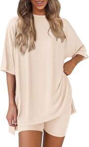 Conjunto de Dos Piezas para Mujer, Color Beige, Corte Holgado, Chifón, Manga Corta, Casual, Color Sólido, Transpirable, para Uso Diario, Primavera-Verano - Product Image 2