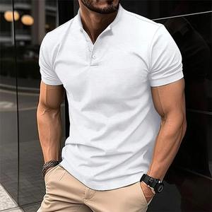 2025 verano hombres Casual deportes pulóver camiseta Henry Collar manga corta 100% algodón sólido estilo de moda Material de lona - Product Image 3