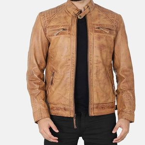 Classic College Style <b>Trucker</b> Leather <b>Jackets</b> Stand Collar Horizontal Stitching Leather <b>Jacket</b> for <b>Men</b> - Product Image 5