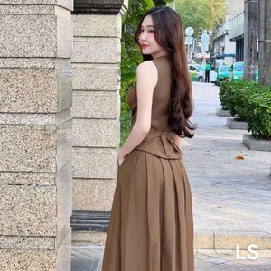 Gilet sans manches pour femme Ensemble jupe longue fluide Office Lady's Loose Fit One Set with Lapel Collar Top over Knee Length Club Style - Product Image 6