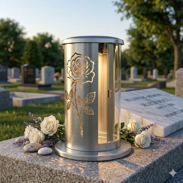 OEM Rustproof Rose Design Stainless Steel Cemetery Memorial Light Solar LED Grave Lantern