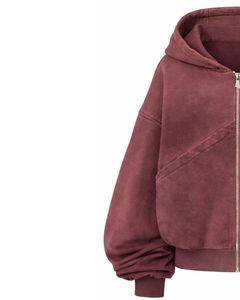 Sudadera con Capucha Corta y Cremallera Color Granate Lavado, Estilo Vintage, para Mujer, Fabricante Personalizado, OEM, Chaqueta de Felpa de Algodón con Lavado Ácido - Product Image 3