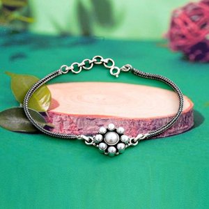 925 Sterling <b>Silver</b> Pearl <b>Bracelet</b> White Wedding Gemstone <b>Bracelet</b> with Chain Gift for Her Elegant <b>Bangle</b> - Product Image 1