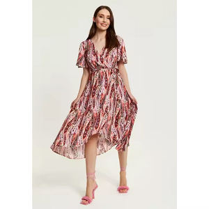 Haute qualité personnalisé dames imprimé Paisley floral manches courtes décolleté en V robe en mousseline de soie élégant décontracté marron rose Design - Product Image 1