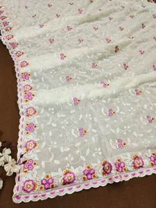 Sari de seda Georgette blanco con hilos de secuencia bordado corte trabajo borde estilo paquistaní para boda y fiesta - Product Image 3