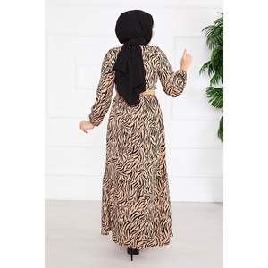 Mink Modest Dress with Stylish Crepe Hijab Broken <b>Glass</b> Pattern Belted Design - Product Image 1