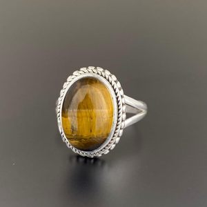 Anillo Bohemio Gótico de Plata 925, Talla Personalizada, Corte Ovalado, Gema de Ojo de Tigre con Engaste de Bisel, Unisex, para Bodas y Fiestas - Product Image 1