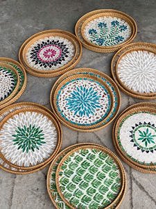 Bandeja de servicio redonda elegante más vendida con exquisitas Incrustaciones de nácar y detalles de ratán tejido para la decoración del hogar - Product Image 5