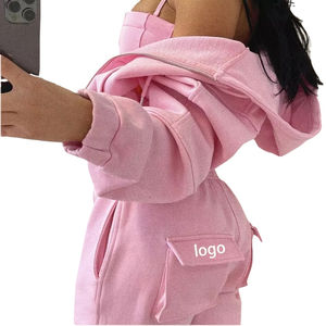 Conjunto de 2 Piezas para Mujer con Logotipo Bordado Personalizado OEM, Pantalones Cargo y Sudadera con Capucha de Felpa, 100% Algodón - Product Image 2