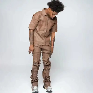 Conjunto de Dos Piezas de Alta Calidad, Camisa de Cuero PU con Cierre y Bordado Urbano Personalizado y Pantalones Acampanados, Traje Deportivo de Cuero para Hombre - Product Image 5