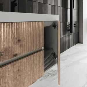 Meuble de salle de bain minimaliste mural Cannes KORICINI 80 cm en chêne doré côtelé, deux pièces, avec lavabo intégré - Product Image 5