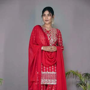 Heavy Faux Georgette Heavy Sequence bordado trabajo Top y Sharara con encaje elegante Dupatta diseñador último desgaste de la boda - Product Image 1