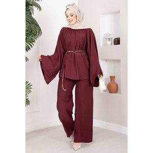 Ensemble Tunique et Short en Crêpe Bordeaux Élégant avec Ceinture Chaîne, Coupe Ample Décontractée, Automne & Printemps, Haut et Pantalon Tissés, Taille Unique (XS) - Product Image 1