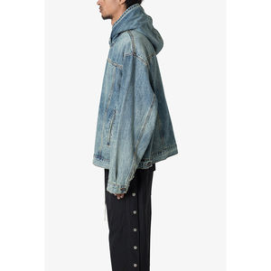 เสื้อฮู้ดดี้ผู้ชายทรงบ็อกซี่ แขนยาว ผ้าเดนิมวินเทจ ลุคทำเก่า ทรงโอเวอร์ไซส์ คุณภาพสูง ผลิตตามแบบ OEM - Product Image 4