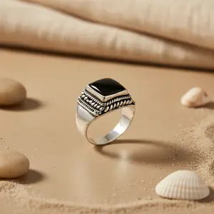 "Men's Rhodium-Plated 925 Sterling Silver Square Stone Agate Bezel Gemstone <b>Ring</b>" - Product Image 3