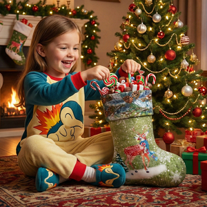 43 cm Green Christmas Stocking with Embroidered Design Printed Pattern <b>Winter</b> Fur for Merry Christmas - Product Image 3