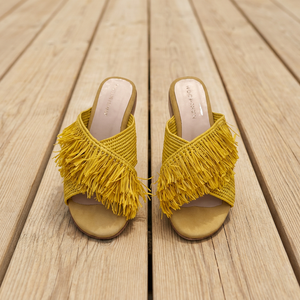 Mules tendance MOCCHIN jaunes à franges en raphia rayées, sandales d'été à bout ouvert, semelle respirante en PU - Product Image 2
