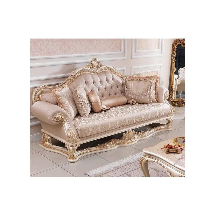 Handmade Royal Antique Golden Finish Carved Sofa Teak Wood Brown 3Seater Sofa Set for Living Room