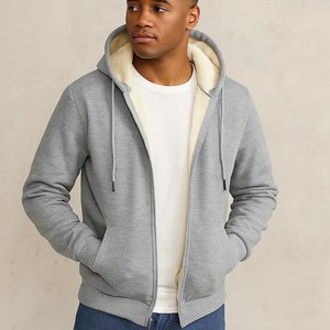 <b>Men's</b> 100% Cotton Knitted <b>Sherpa</b> <b>Lined</b> Fleece Solid <b>Hoodie</b> with Pocket Warm Winter Pullover Digital Printing OEM Service - Product Image 3