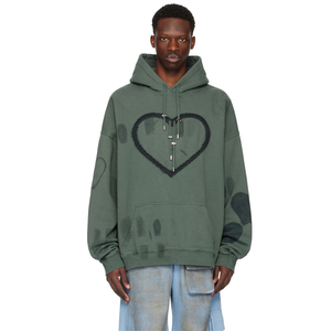 Ventes en gros de sweats à épaules tombantes avec graphismes peints à la main, en coton molletonné, en stock, sweat à capuche bleu marine avec cœur - Product Image 6