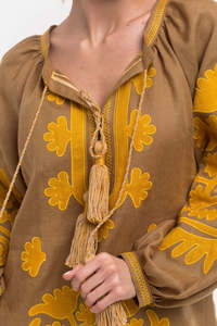 Exclusive Pretty Solid Ukrainian Embroidered Long Sleeve Knee-Length Dress 100% Linen <b>Fabric</b> Latest Handmade <b>Embroidery</b> - Product Image 3