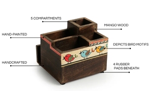 Troupeau d'oiseaux porte-couverts et papeterie en mangowood 5 cloisons porte-couverts en bois peint à la main - Product Image 3