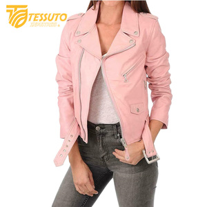 Chaqueta de motorista de cuero real para mujer, piel de oveja de anilina con cremallera, forro de viscosa acolchado rojo, bolsillos exteriores interiores - Product Image 1