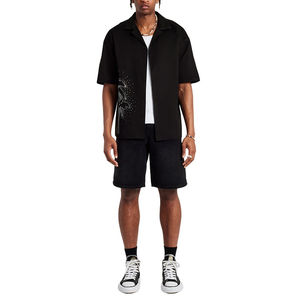 High Quality Winter Woven Oversized V Neck Rhinestone Palm Shirt Set 100% Cotton Button up Black <b>Men's</b> Shirt <b>Shorts</b> Set - Product Image 4