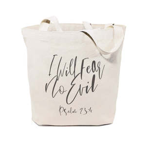 Cotton Canvas Tote Bag Eco-Friendly Medium Beach Bag Heat Transfer Psalm 23:4 Print Jute Material Fear No Evil Striped Pattern - Product Image 1