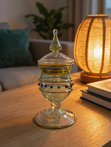 Ensemble de 3 pièces en verre floral gravé, soufflé à la main, fabriqué en Égypte, comprenant un vase, un flacon de parfum et un pot à couvercle, avec bordure bleue et dorée, pour la décoration en gros - Product Image 4