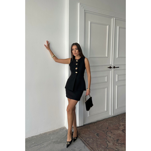 Conjunto de Chaleco Clásico con Botones Dorados y Falda Corta, Traje Negro para Mujer - Product Image 6
